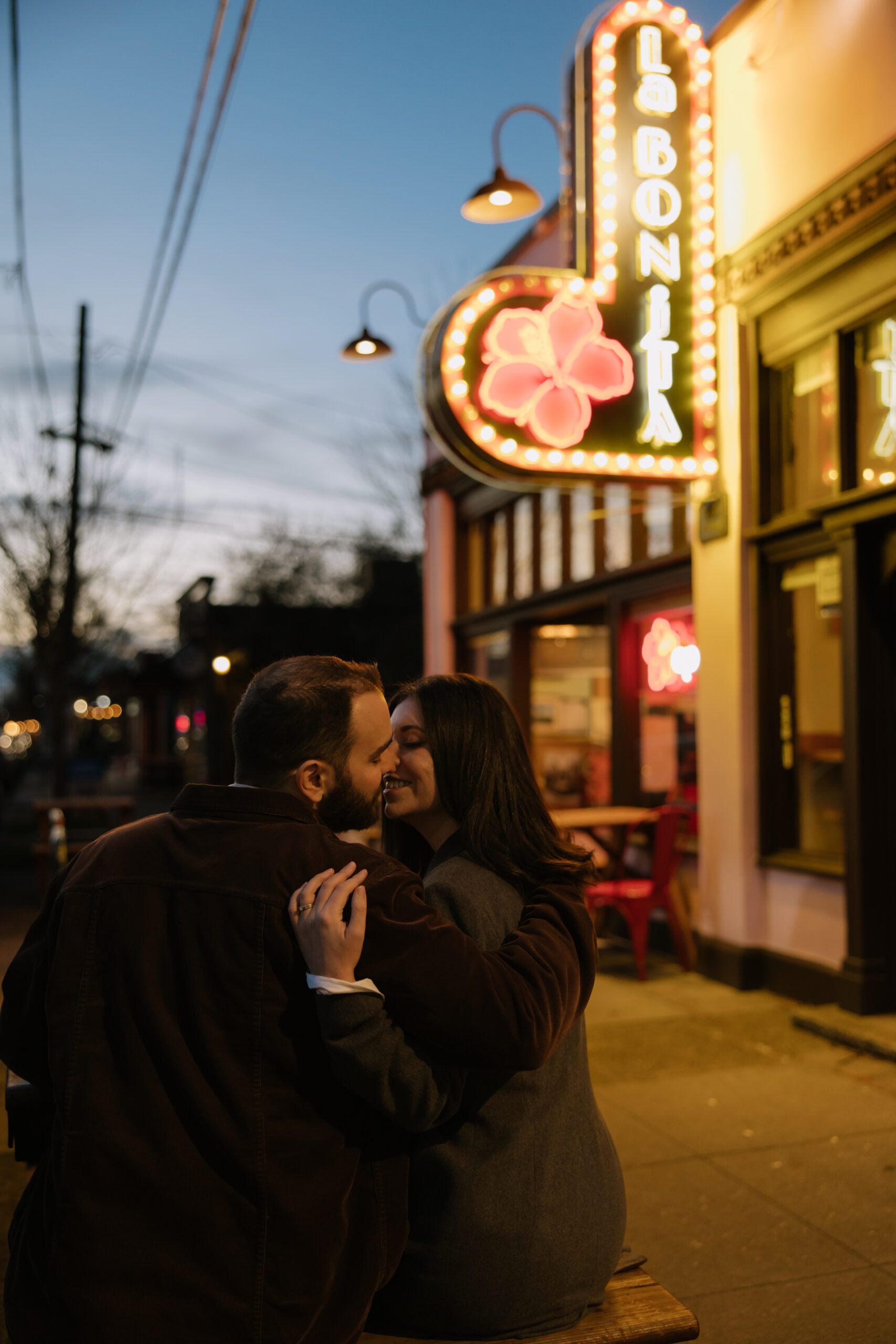 downtown engagement photos, cinematic engagement photos